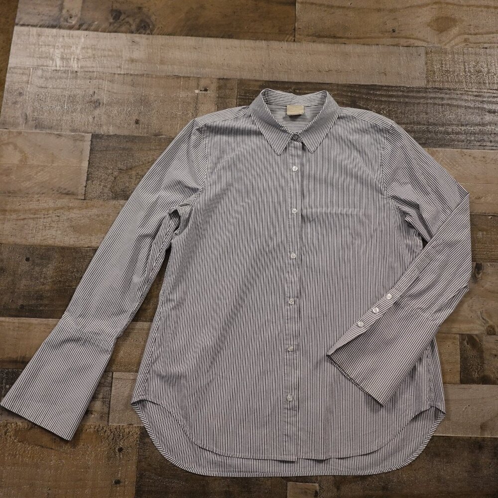 Baldwin bell sleeve dress shirt women's medium Francis graphite‎ blue stripes